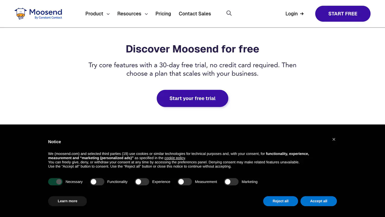 Pricing-page preview of Moosend, captured Jul 23, 2026