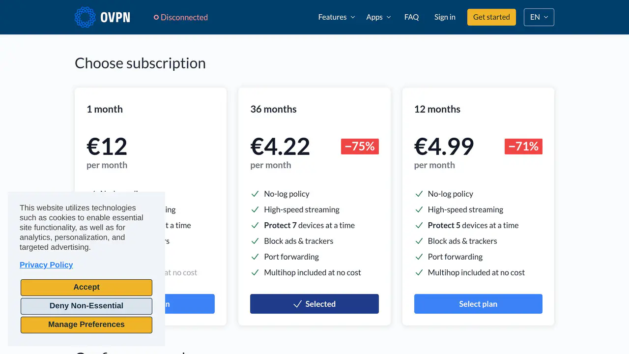 Pricing-page preview of OVPN, captured Aug 16, 2026