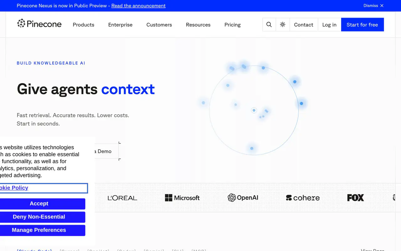Homepage preview of Pinecone, captured Jul 21, 2026