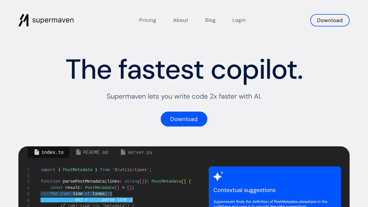 Homepage preview of Supermaven, captured Jul 23, 2026