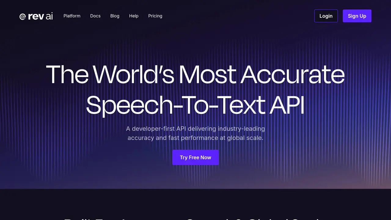 Homepage preview of Rev AI, captured Aug 6, 2026