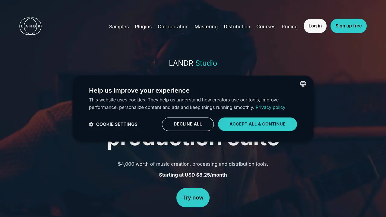 Homepage preview of Landr, captured Aug 3, 2026