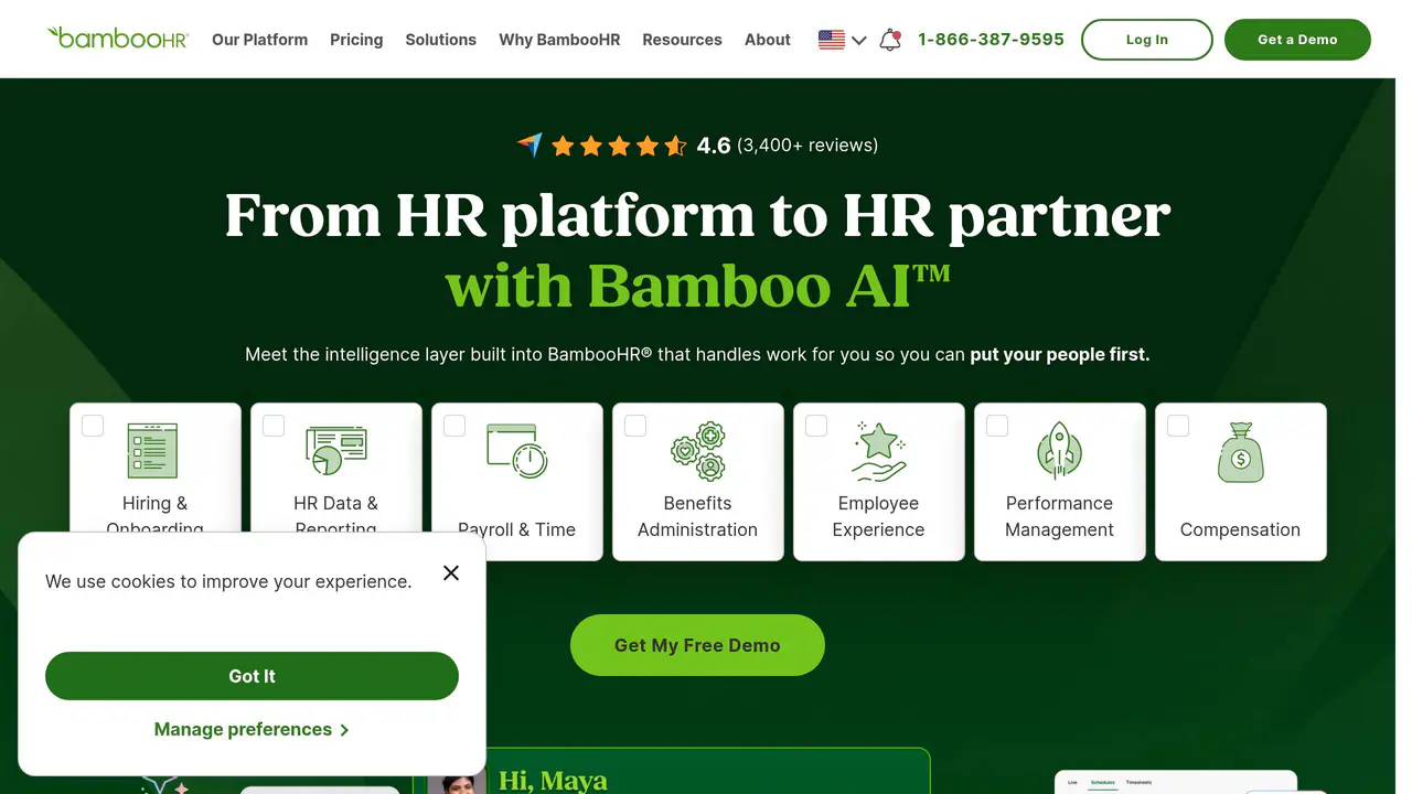 Homepage preview of BambooHR, captured Aug 6, 2026