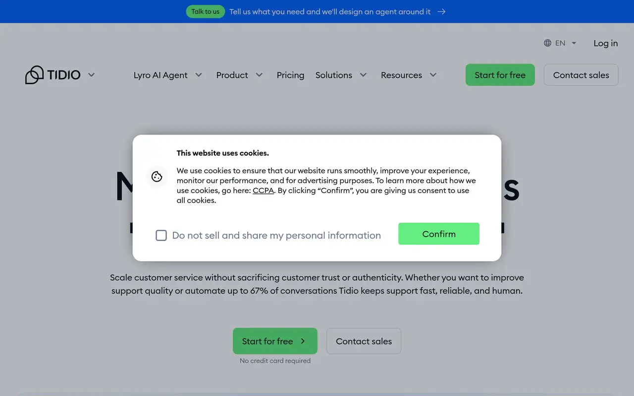 Homepage preview of Tidio, captured Jul 22, 2026