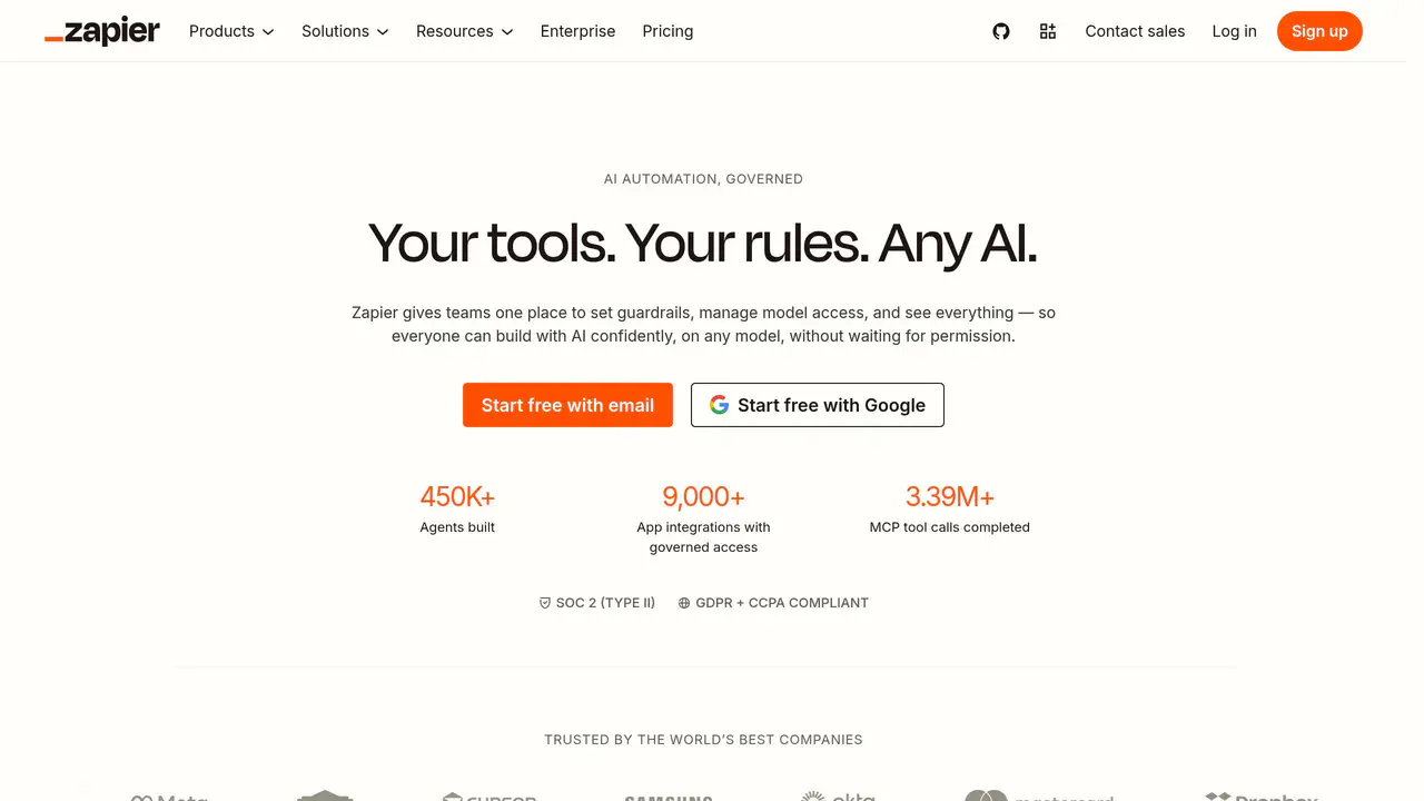 Homepage preview of Zapier, captured Aug 19, 2026