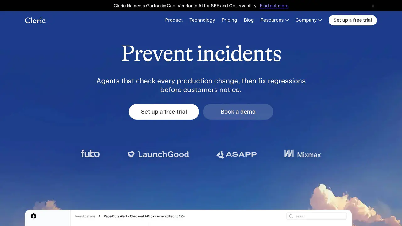 Homepage preview of Cleric, captured Aug 28, 2026
