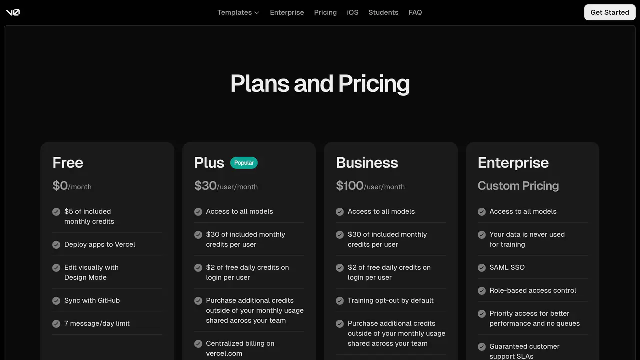Pricing-page preview of v0 by Vercel, captured Jul 24, 2026