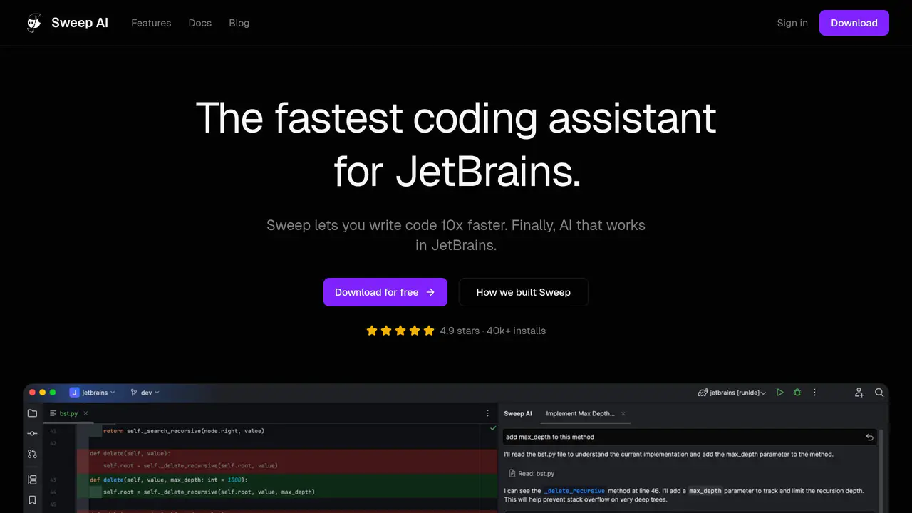 Homepage preview of Sweep AI, captured Jul 24, 2026