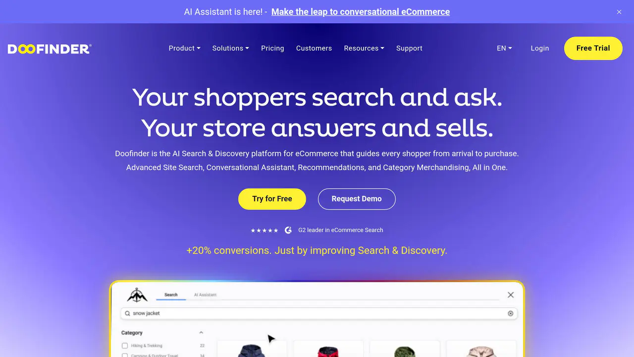 Homepage preview of Doofinder, captured Aug 30, 2026