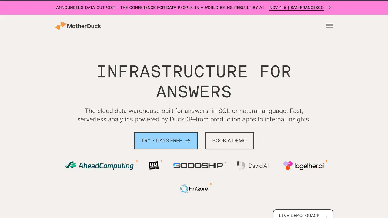 Homepage preview of Motherduck, captured Jul 23, 2026