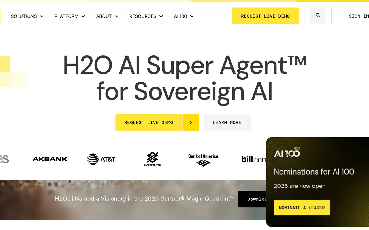 Homepage preview of H2O.ai, captured Jul 22, 2026