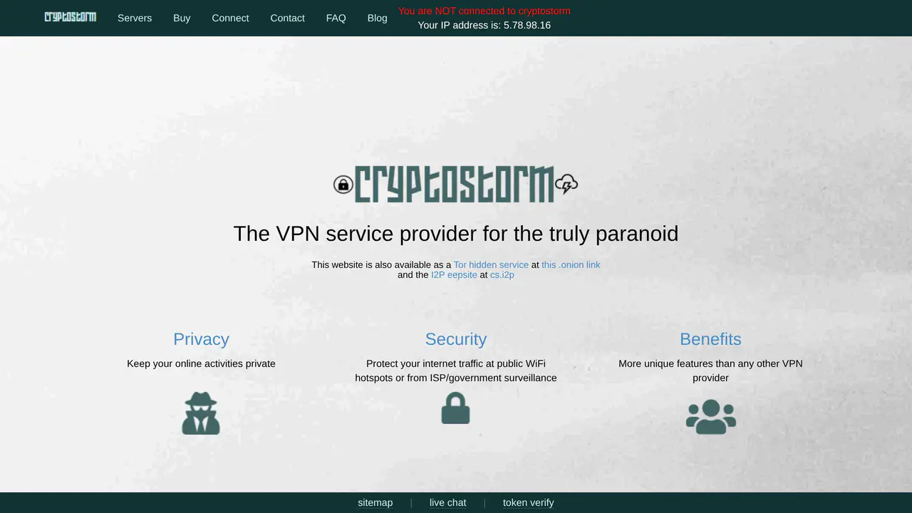 Homepage preview of Cryptostorm, captured Jul 26, 2026