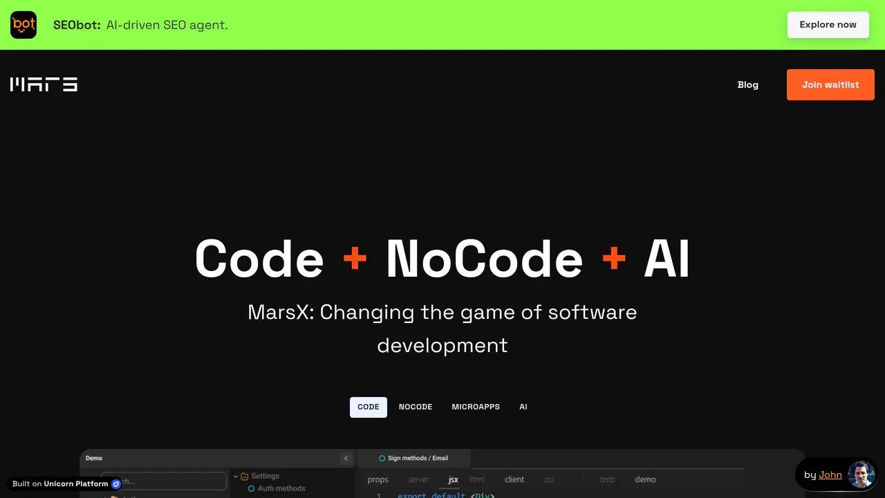 Homepage preview of MarsX, captured Jul 23, 2026