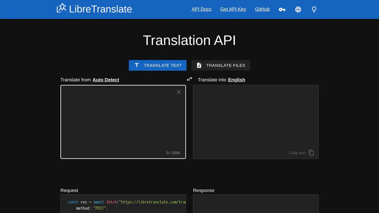 Homepage preview of LibreTranslate, captured Jul 27, 2026