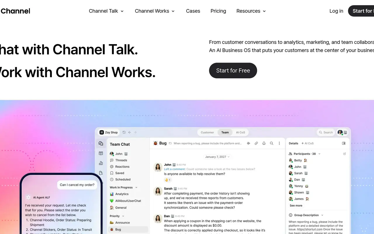Homepage preview of Channel Talk, captured Jul 22, 2026