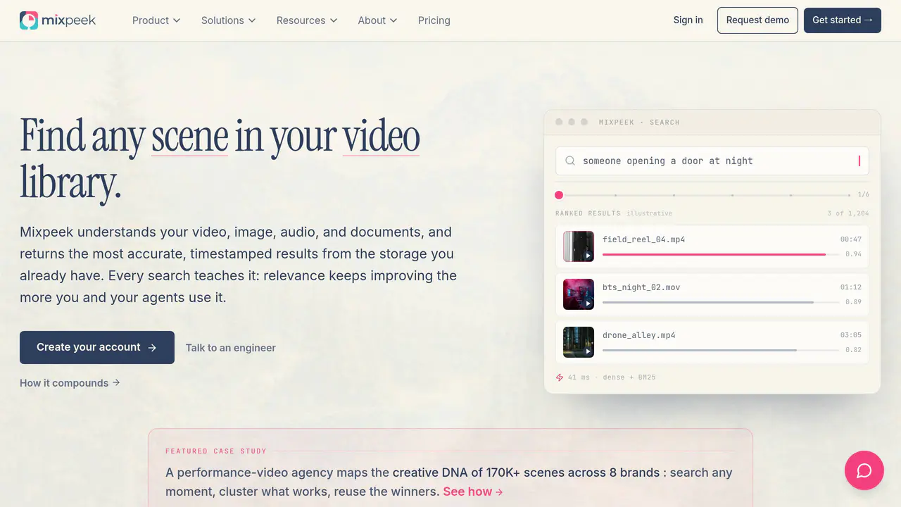 Homepage preview of Mixpeek, captured Sep 9, 2026