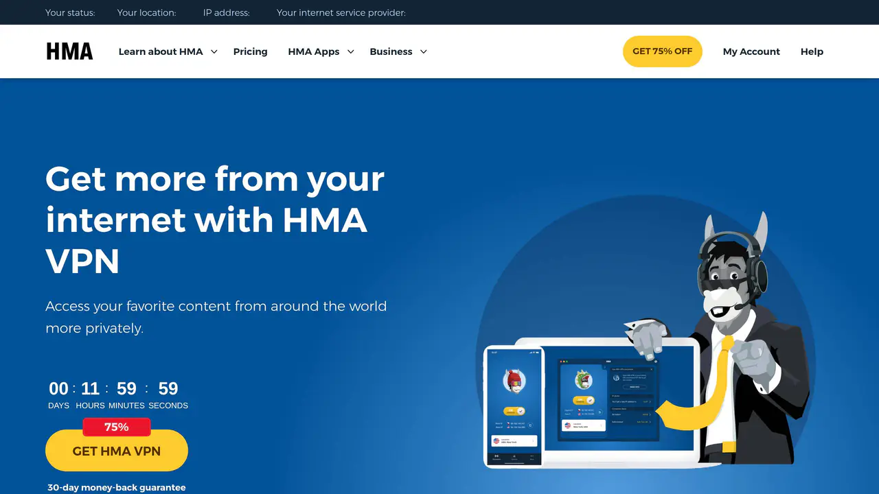 Homepage preview of HMA VPN, captured Jul 24, 2026
