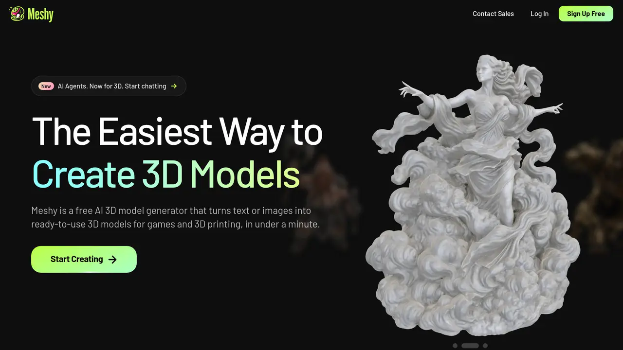 Homepage preview of Meshy, captured Jul 29, 2026