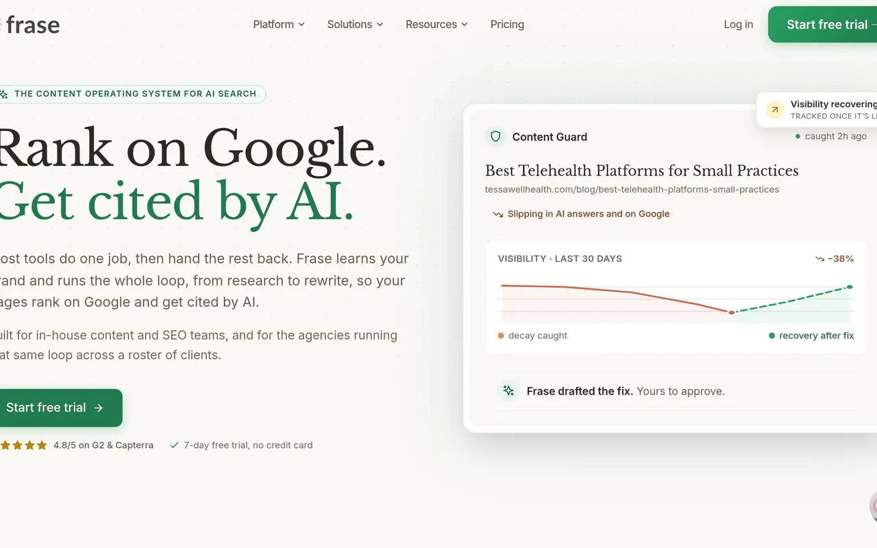 Homepage preview of Frase, captured Jul 21, 2026