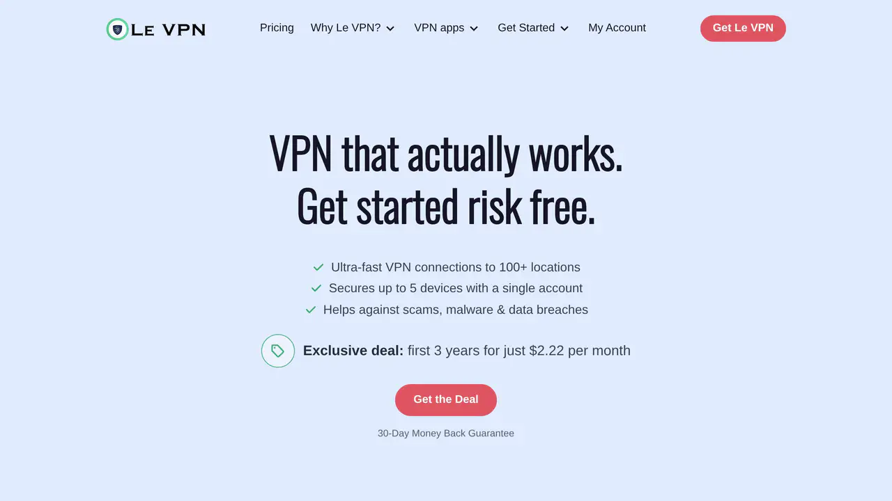 Homepage preview of Le VPN, captured Jul 28, 2026
