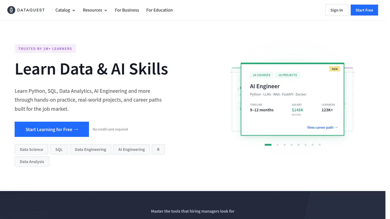 Homepage preview of DataQuest, captured Aug 25, 2026