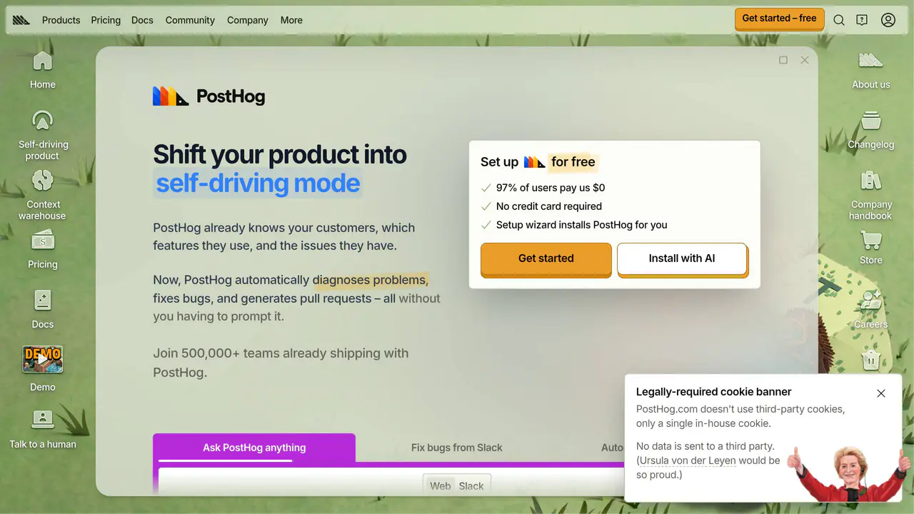Homepage preview of PostHog, captured Aug 31, 2026