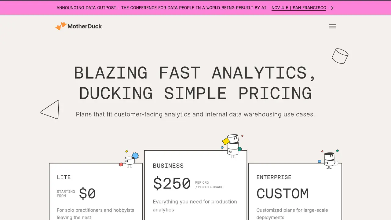 Pricing-page preview of Motherduck, captured Jul 23, 2026