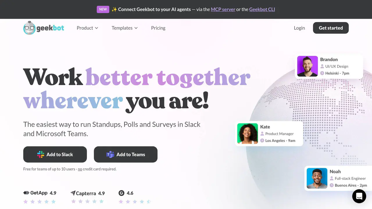 Homepage preview of Geekbot, captured Jul 30, 2026