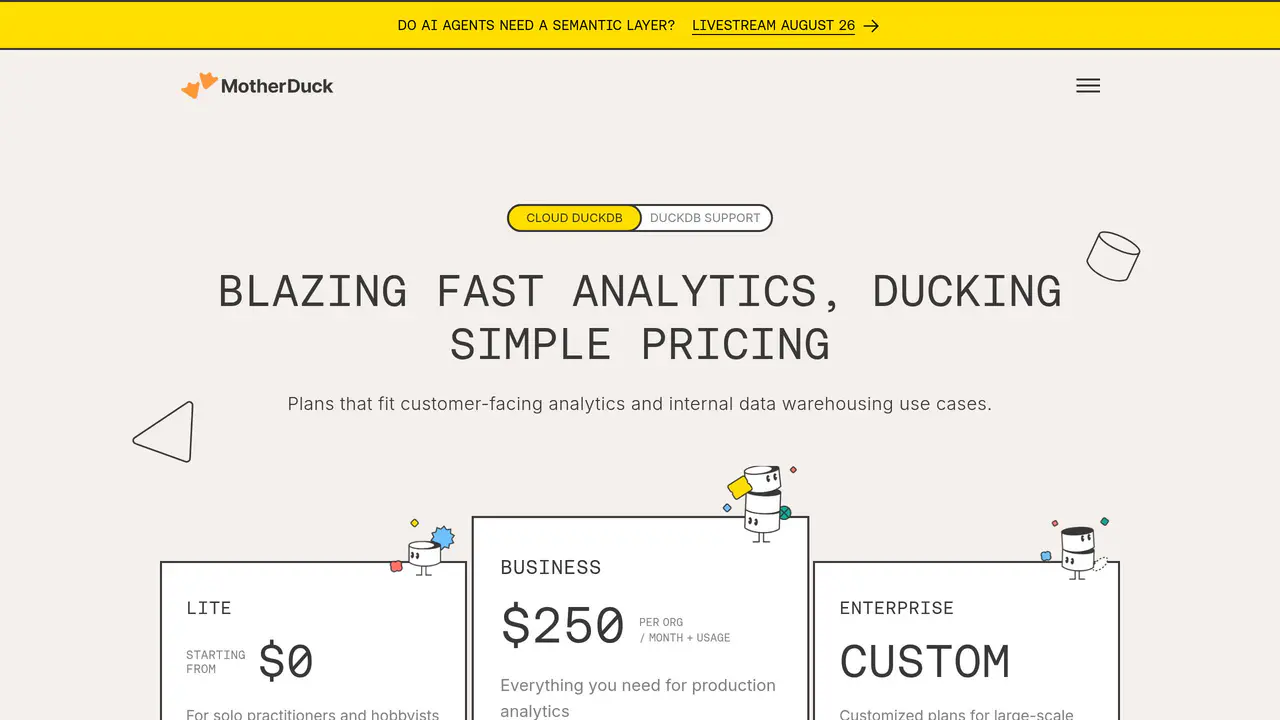 Pricing-page preview of Motherduck, captured Aug 23, 2026