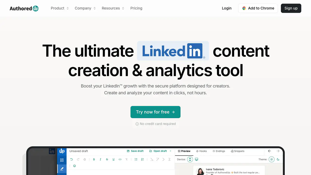Homepage preview of AuthoredUp, captured Jul 23, 2026