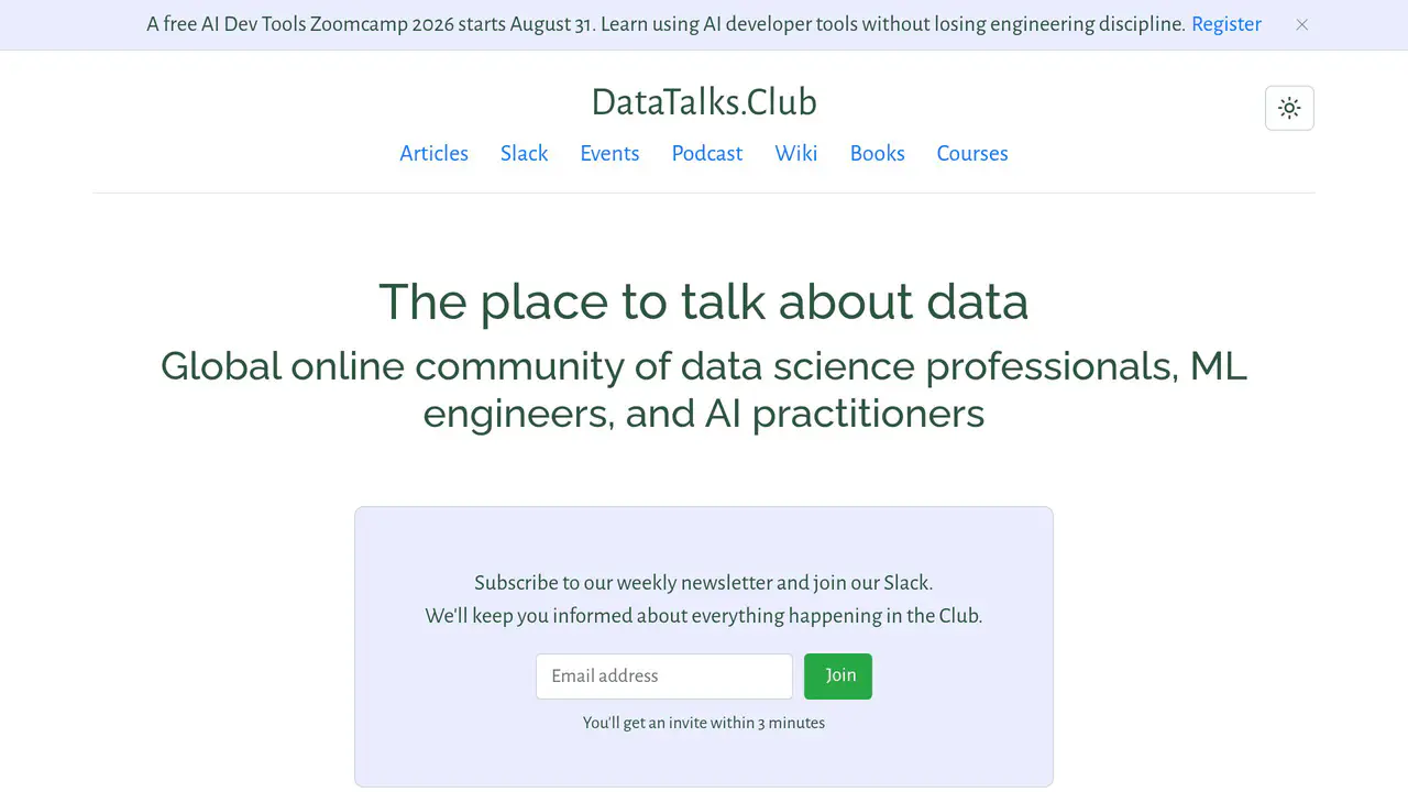 Homepage preview of DataTalks.Club, captured Jul 24, 2026