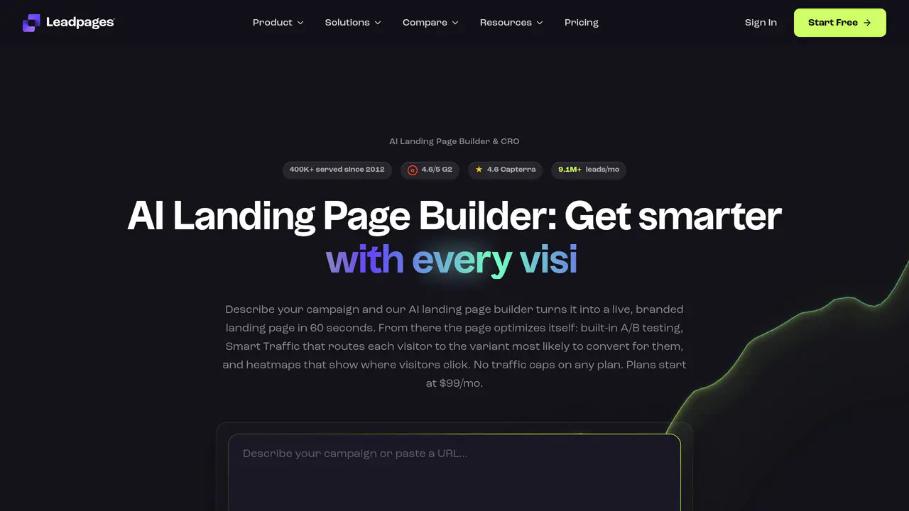 Homepage preview of Leadpages, captured Aug 24, 2026