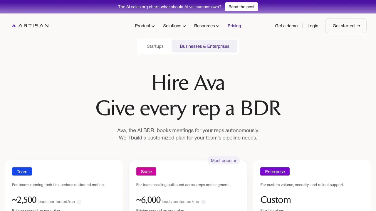Pricing-page preview of Artisan, captured Aug 23, 2026