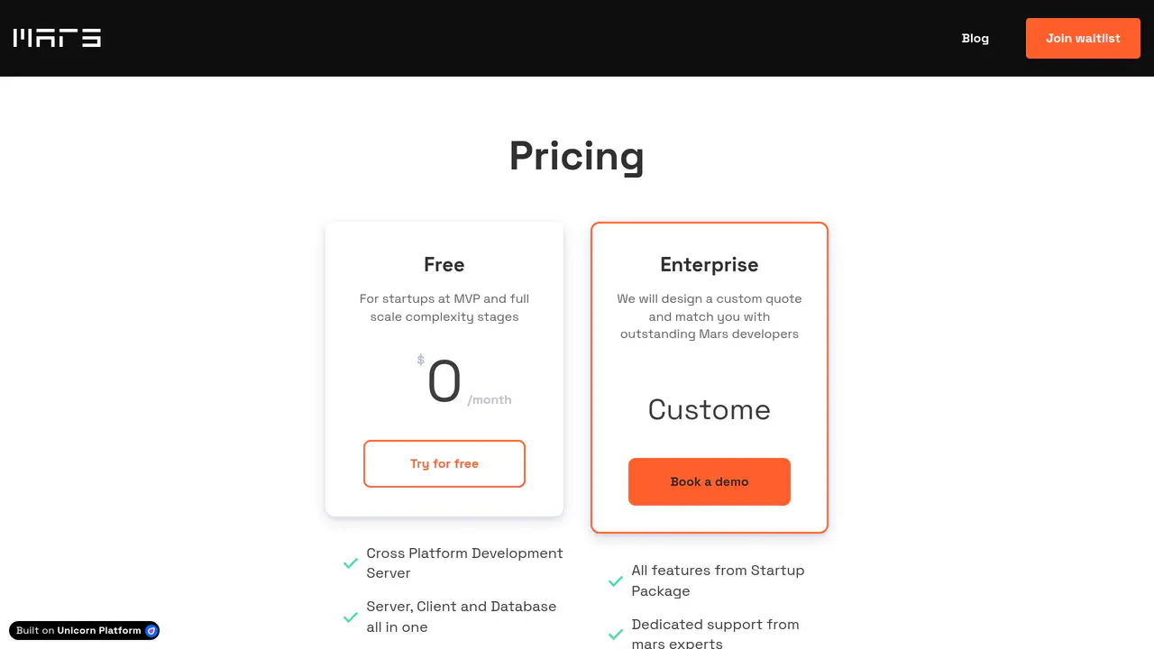 Pricing-page preview of MarsX, captured Jul 23, 2026