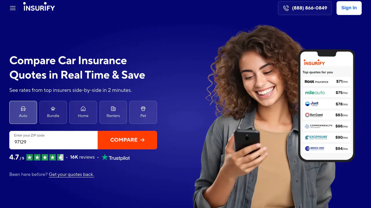 Homepage preview of Insurify, captured Jul 24, 2026
