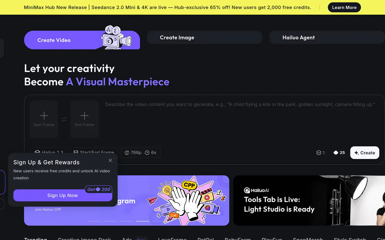 Homepage preview of Hailuo AI, captured Jul 22, 2026