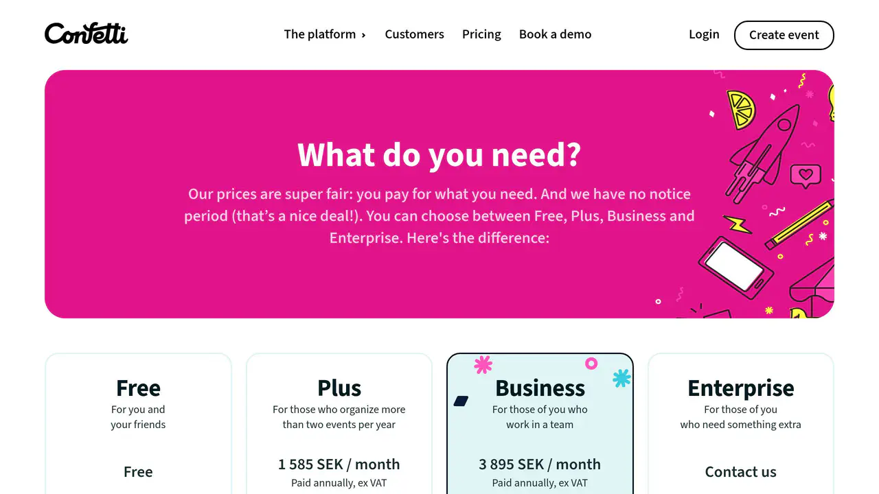 Pricing-page preview of Confetti, captured Aug 23, 2026
