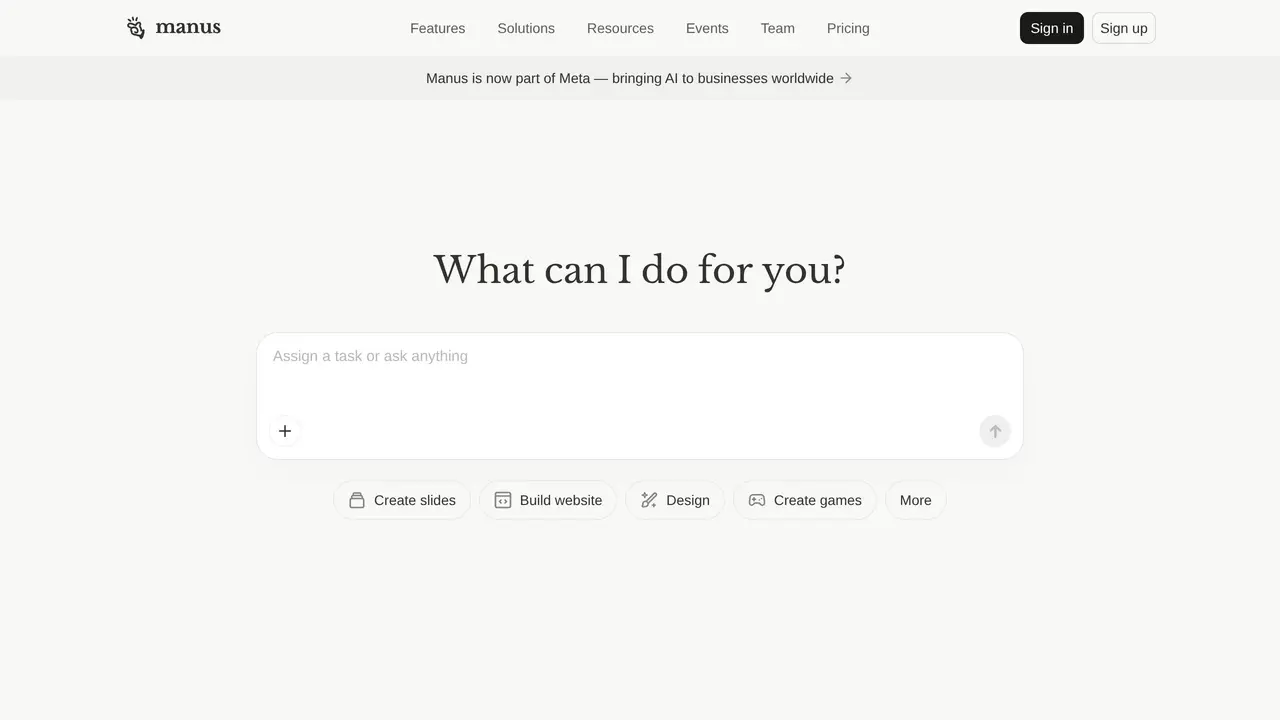 Homepage preview of Manus, captured Jul 23, 2026