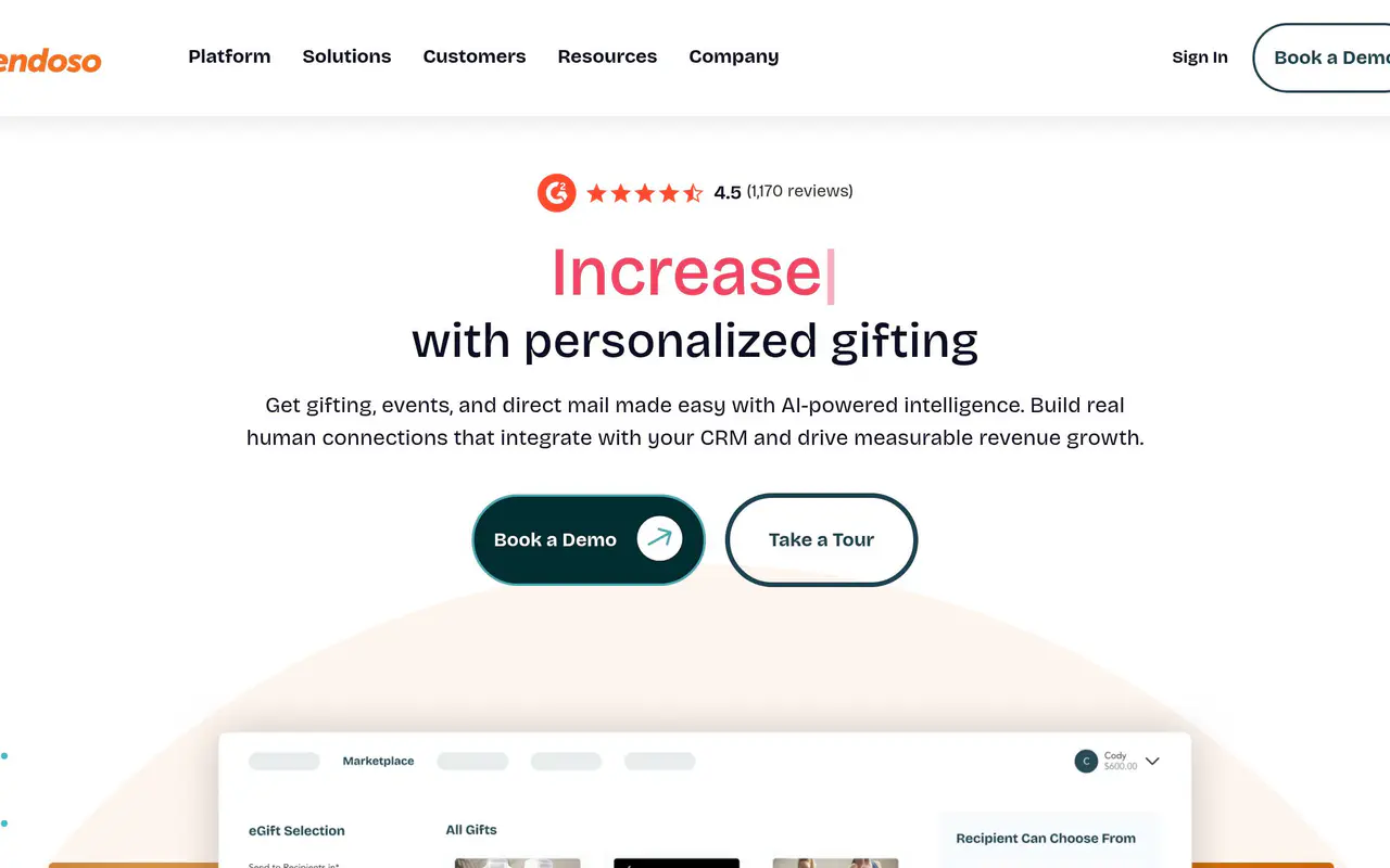Homepage preview of Sendoso, captured Jul 22, 2026