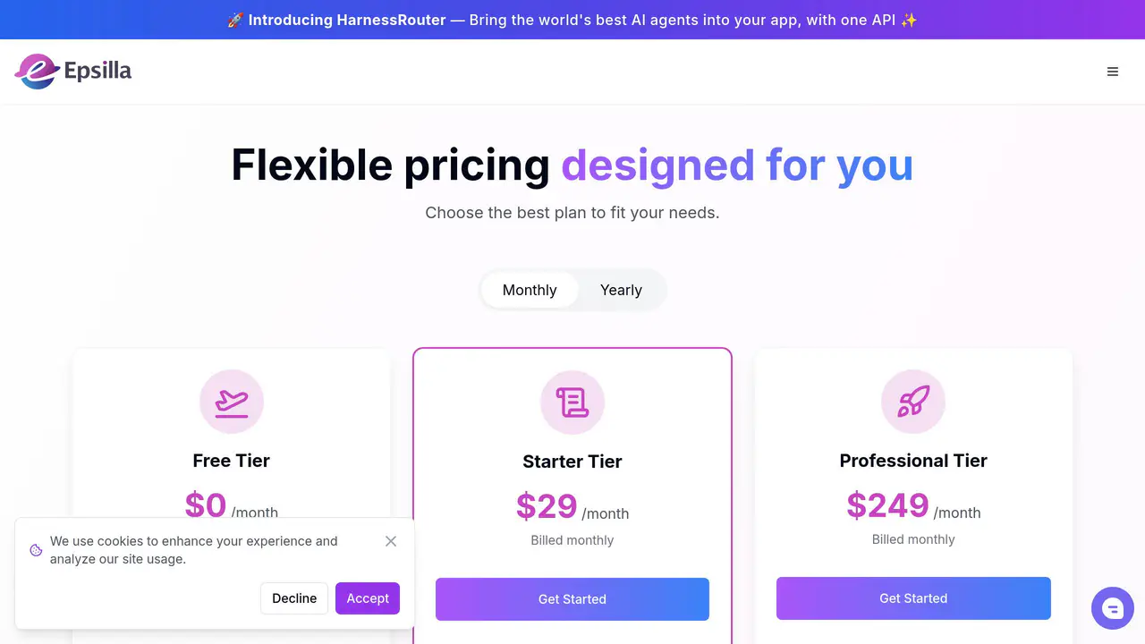 Pricing-page preview of Epsilla, captured Sep 16, 2026