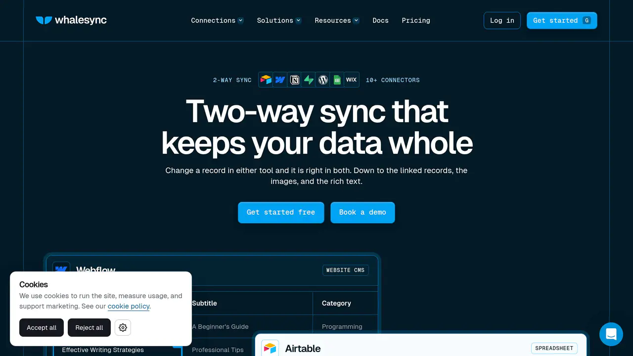 Homepage preview of Whalesync, captured Aug 2, 2026