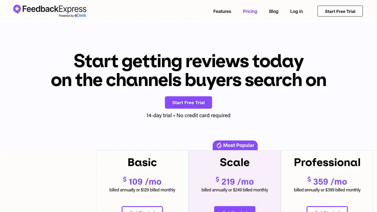 Pricing-page preview of FeedbackExpress, captured Jul 24, 2026