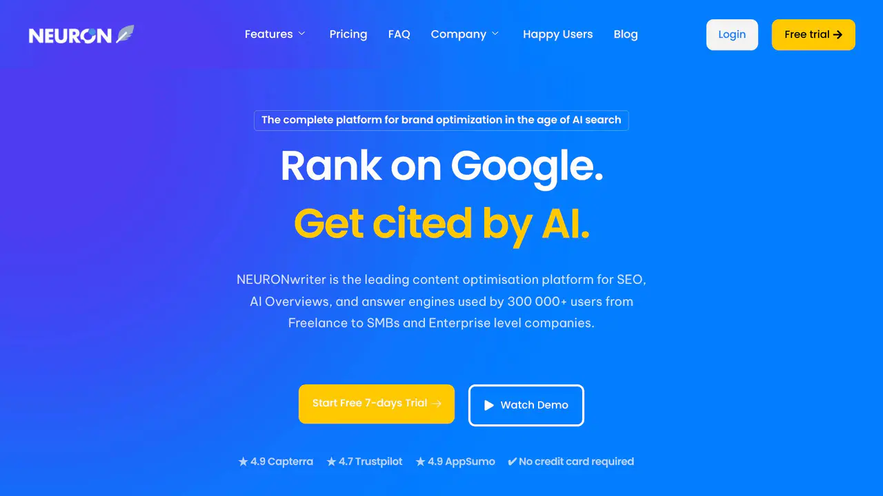 Homepage preview of NeuronWriter, captured Jul 23, 2026