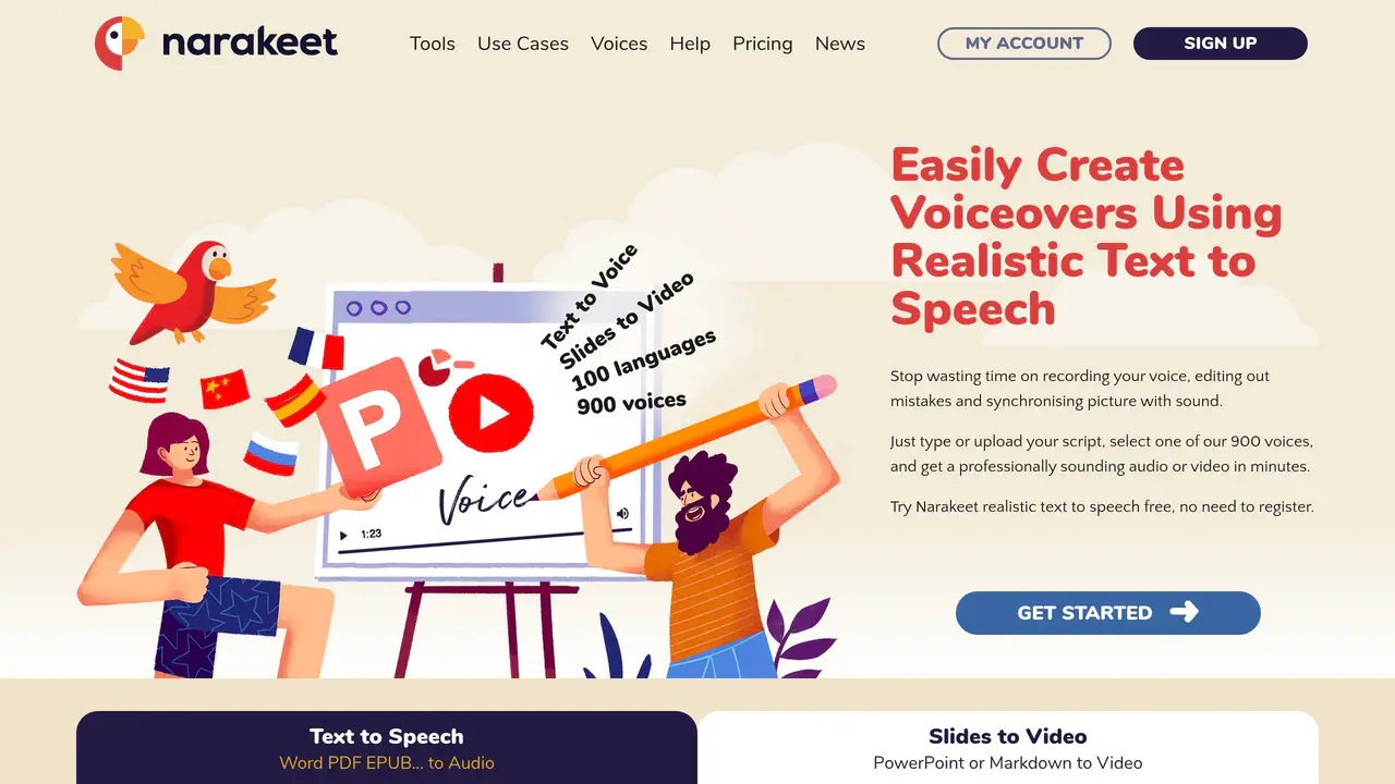 Homepage preview of Narakeet, captured Aug 3, 2026