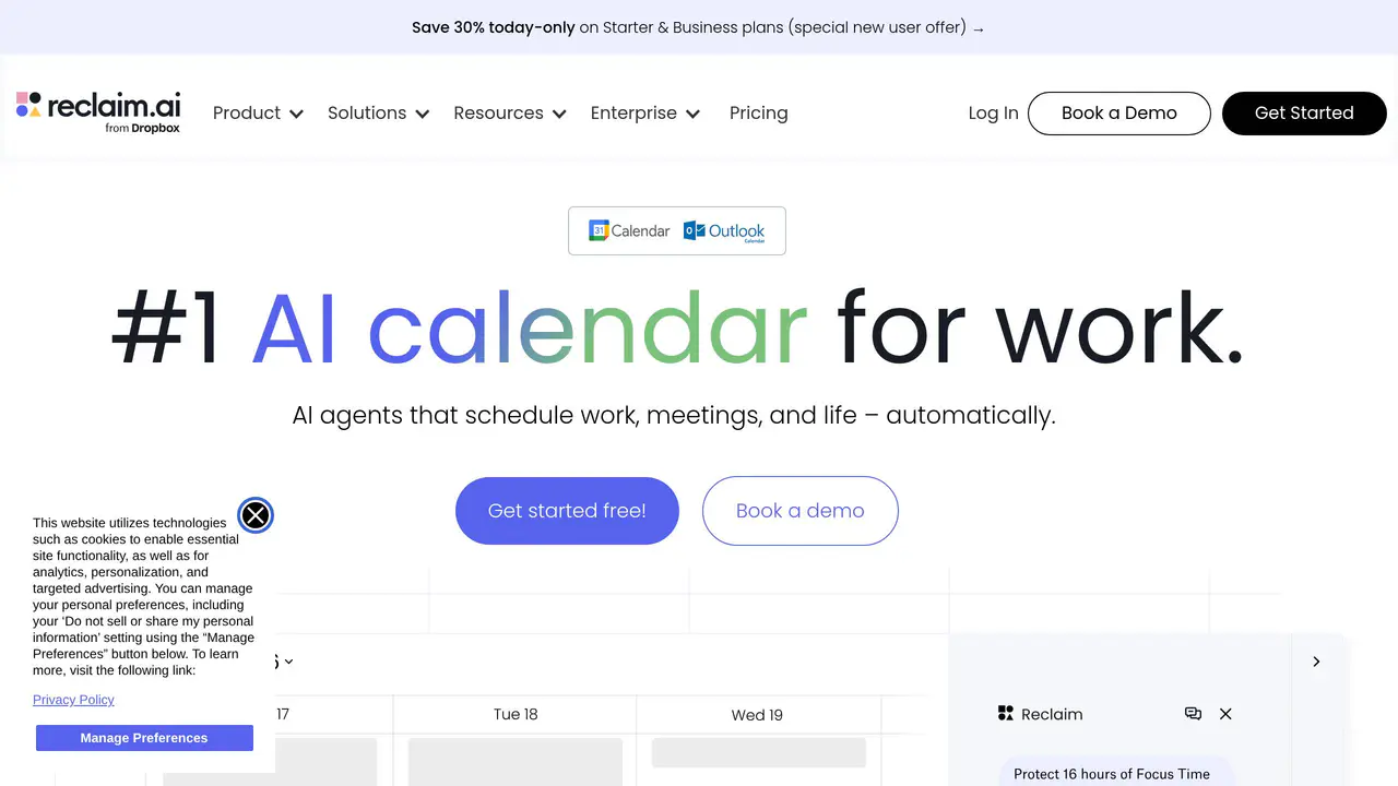 Homepage preview of Reclaim.ai, captured Aug 3, 2026