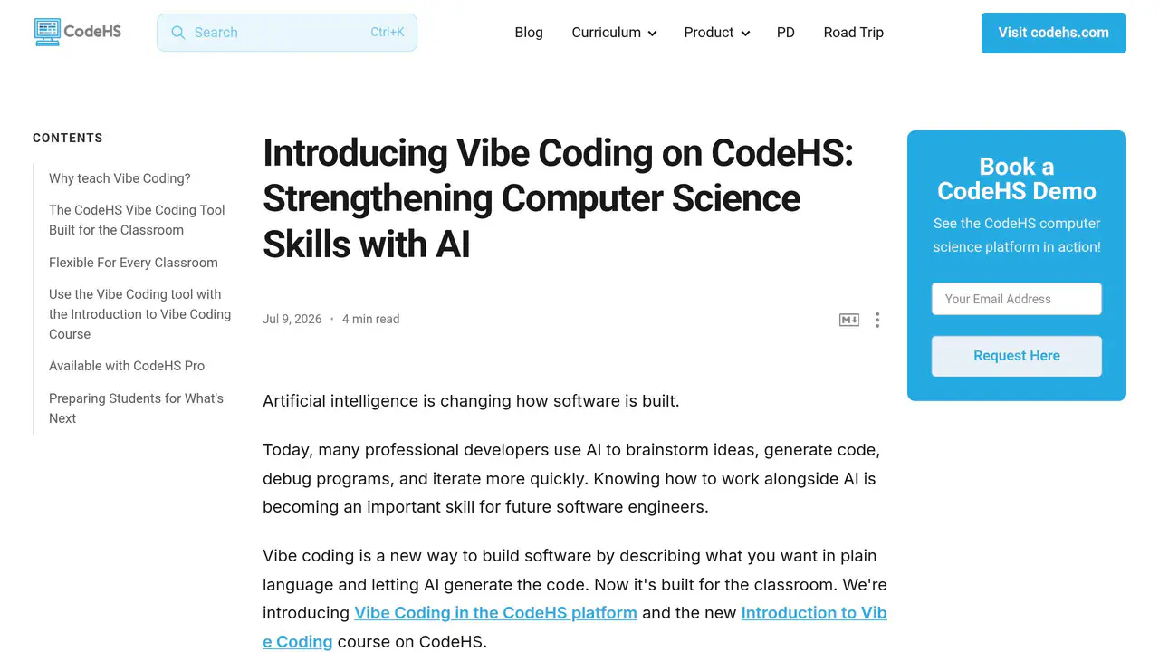 Pricing-page preview of CodeHS, captured Aug 17, 2026