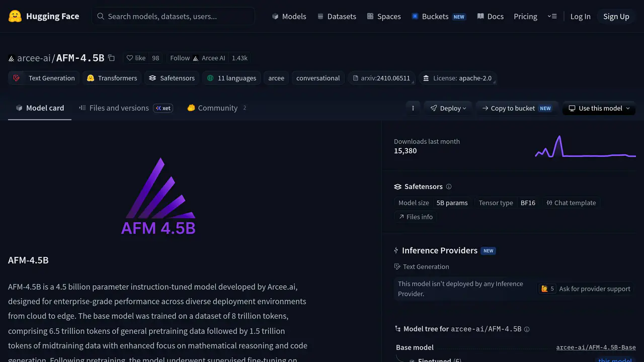 Homepage preview of AFM 4.5B, captured Jul 23, 2026