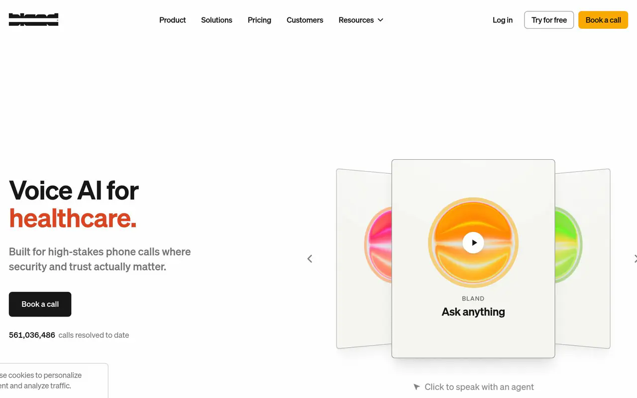 Homepage preview of Bland AI, captured Jul 21, 2026