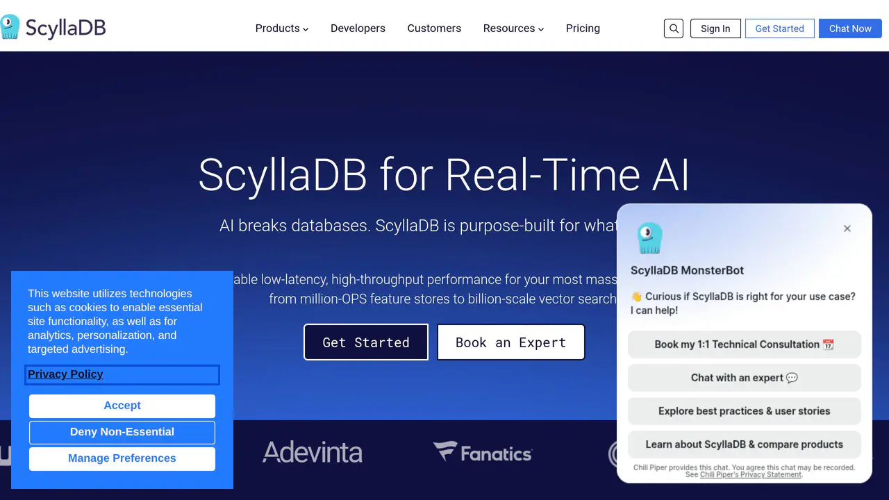Homepage preview of ScyllaDB, captured Jul 27, 2026