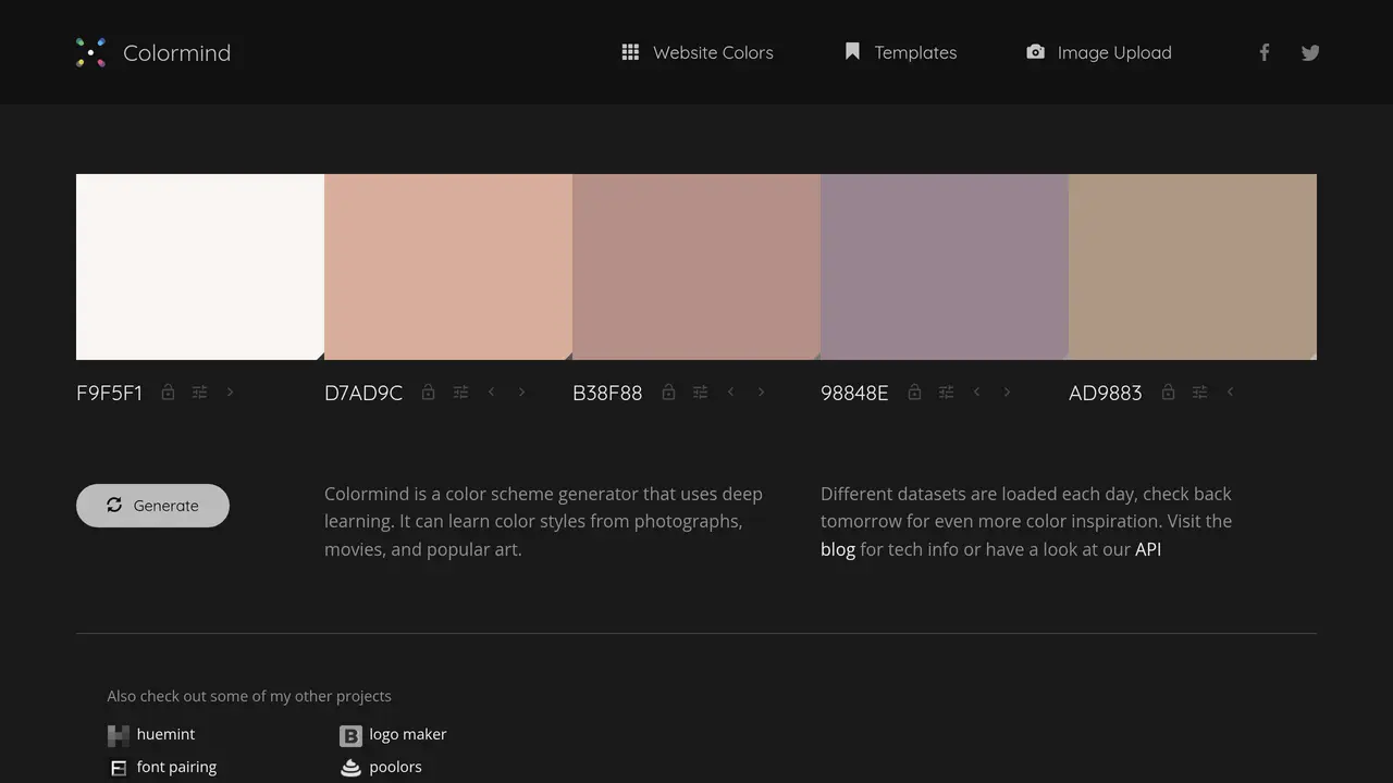 Homepage preview of Colormind, captured Aug 31, 2026